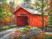 Red Covered Bridge Painting by Chuck Pinson