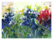 Red White and Bluebonnets by Texas Watercolor Artist Kathleen McElwaine Painting by Kathleen McElwaine