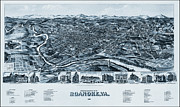 Roanoke Virginia Vintage Map Birds Eye View 1891 Blue  Drawing by Carol Japp