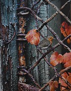 Robin on Rusty Old Fence Painting by Alan M Hunt