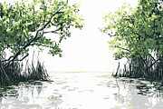 Rooted Calm - Mangroves Casting Shadows Over Quiet Waters Painting by Lourry Legarde