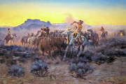 Roping Fresh Mounts Drawing by Charles Marion Russell