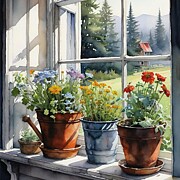 Rural Windowsill Garden No2 Mixed Media by Bonnie Bruno