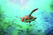 Sea Turtle and Fish in the Sunlight  Mixed Media by Shelli Fitzpatrick