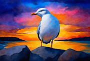 Seagull sitting on rocks with a beautiful twilight sky behind him - watercolor painting Digital Art by Nicko Prints Seagull sitting on rocks with a beautiful twilight sky behind him - watercolor painting Digital Art by Nicko Prints