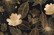 Seamless pattern with golden flowers and leaves in black backgro Painting by N Akkash