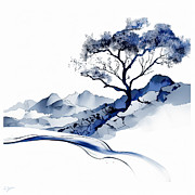 Serene Solitude - Blue Mid-Century Art Painting by Lourry Legarde Serene Solitude - Blue Mid-Century Art Painting by Lourry Legarde