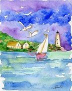 Shoreline Sailing Watercolor Painting by Follow Themoonart