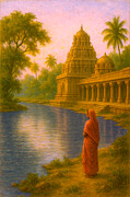 Silent Devotion of a Woman at a Temple Tank Digital Art by Atma Jyoti Ashram