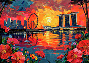 Singapore Skyline Sunset Marina Bay Sands and Ferris Wheel Supertree Singapore Sunset Marina Bay Grove Evening Sands Painting by Clark Leffler