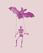 Skeleton puppet with bat Mixed Media by Madame Memento