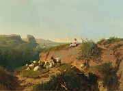 Southern Landscape With Goats And Shepherd art Drawing by Andras Marko Hungarian