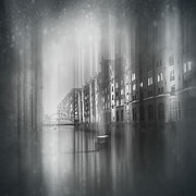 Speicherstadt Hamburg by Night Abstract Square Black and White  Photograph by Carol Japp
