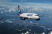 Spirit Airlines Airbus A319 over Coastline Mixed Media by Erik Simonsen