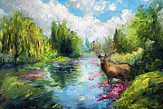 Stag Along The River Painting by Tina LeCour Stag Along The River Painting by Tina LeCour