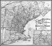 Summer Resorts of the Boston and Maine Railroad Vintage Map 1913 Black and White  Drawing by Carol Japp