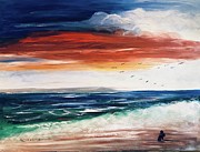 Sunset on Virginia Beach with Scottish Terriers and Flock of Birds Painting by Catherine Ludwig Donleycott