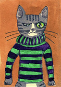 Tabby Cat in a Green and Black Sweater Painting by Jo Potocki