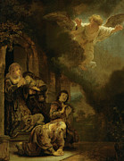 The Archangel Raphael taking leave of Tobit and his family Painting by Rembrandt
