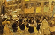 The Corpus Christi procession, 1900. Charcoal, gouache and watercolour, 32 x 49 cm. Painting by Arcadi Mas i Fondevila -1852-1934-