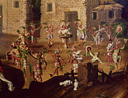 The Flying Mast. Native people dancing. El Palo Volador. Mexican folding screen. 17th. Painting by Album