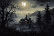 The House on the Hill - Mysterious and Atmospheric Painting Painting by Lourry Legarde