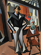 Tihanyi Lajos paintings - Self portrait interior, in front of a window, cubist Painting by Tihanyi Lajos