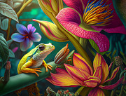 Tiny rainforest frog in colorful flowers Digital Art by Karen Foley