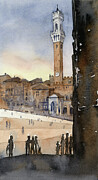 Tower of Siena - Watercolor Landscape of Piazza del Campo Painting by Olga Shvartsur