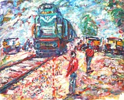 Train crossing at Amartithi Lower Meherabad Painting by Pete Caswell