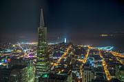 Transamerica Pyramid and the San Francisco Skyline at Night Aeri Photograph by David Oppenheimer