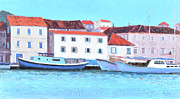 Landscape painting of Trogir Harbour, architecture and boats, Croatia Painting by Jan Matson