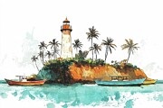 Turquoise Tranquility - Boats Floating Beneath a Watchful Lighthouse Painting by Lourry Legarde Turquoise Tranquility - Boats Floating Beneath a Watchful Lighthouse Painting by Lourry Legarde