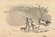 Two Hunters and Two Dogs in Winter Scene Painting by Thomas Sully