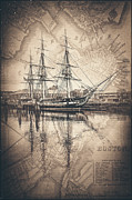 USS Constitution Navy Yard Boston With Vintage Map Nostalgic Sepia Photograph by Carol Japp