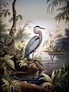 Vintage Great Blue Heron Illustration Painting by Land of Dreams