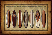 Vintage Hawaiian Wooden Surfboard Collection With Border and Hawaiian surfing legend Duke Kahanamoku Photograph by Aloha Art