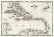 Vintage Map West Indies and Caribbean 1864 Drawing by Carol Japp