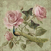 Vintage Peacock And Roses Painting by Tina LeCour