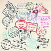 Vintage travel stamps Mixed Media by Delphimages Photo Creations