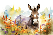 Watercolor Painting Of Peaceful Donkey In A Colorful Flower Fiel Painting by N Akkash