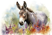 Watercolor Painting Of Peaceful Donkey In A Colorful Flower Field Ideal For Art Print Greeting Card Springtime Concepts Etc Made With   Painting by N Akkash