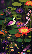 Wetland Magic Lily Pads Birds and Flowers Digital Art by Ginette Callaway