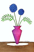 Whimsical Blue Flowers in Pinkish Purple Vase Painting by Donna Mibus