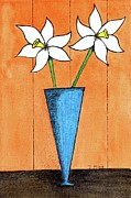 Whimsical White Flowers in Blue Vase Painting by Donna Mibus