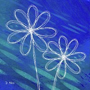 White Abstract Flowers on Blue and Green Mixed Media by Donna Mibus
