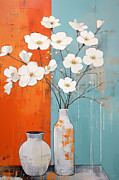 White Flowers against Orange and Blue Painting by Lourry Legarde White Flowers against Orange and Blue Painting by Lourry Legarde