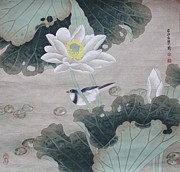 White lotus flower Painting by HuiZhen Zhang