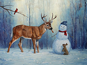 Whitetail Deer and Snowman - Whose Carrot? Painting by Crista Forest