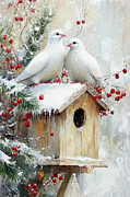 Winter Love Doves Painting by Tina LeCour
